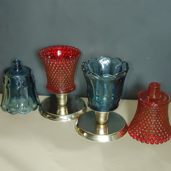 Candle Glass Red Hobnail Blue Tulip Scallop Peg Sconce Votive Holders Gold Base - Picture 2 of 11